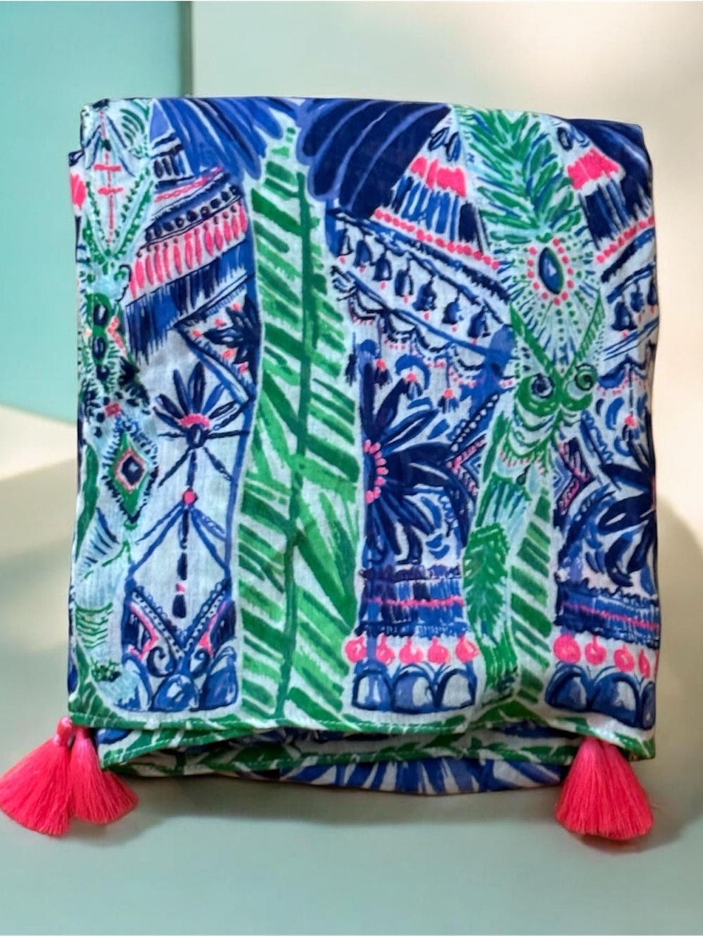 Lilly Pulitzer Navy, Green & Pink Tassel Botanical Scarf / Half Sarong NWOT